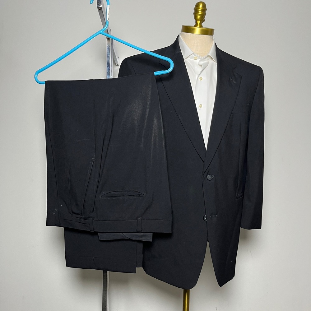 Hart Schaffner & Marx Suit Mens 42R 37W Black Solid Wool 2 Button Blazer Pants